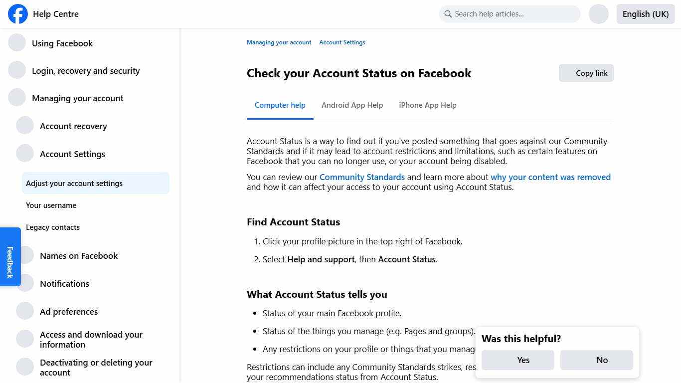Check your Account Status on Facebook Facebook Help Centre